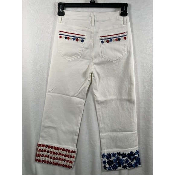 Driftwood Embroidered Floral Jeans Womens 25 White Crop Denim Red Blue Boho NWT - Picture 6 of 16